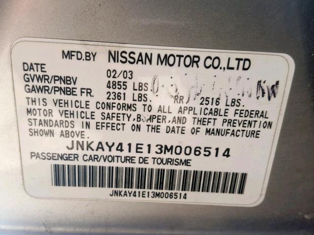 JNKAY41E13M006514 - 2003 INFINITI M45 SILVER photo 10