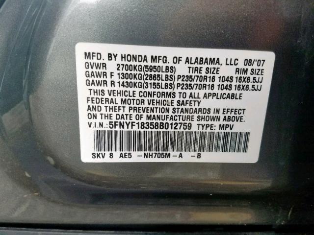 5FNYF18358B012759 - 2008 HONDA PILOT SE GRAY photo 10