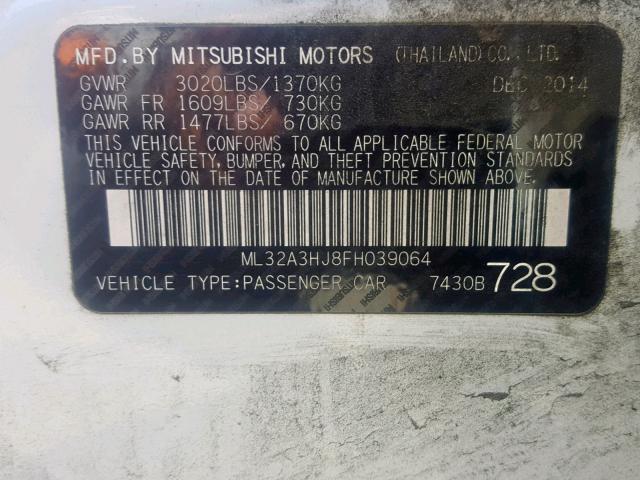 ML32A3HJ8FH039064 - 2015 MITSUBISHI MIRAGE DE WHITE photo 10