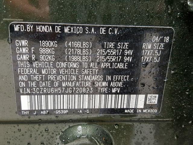 3CZRU6H57JG720823 - 2018 HONDA HR-V EX GREEN photo 10