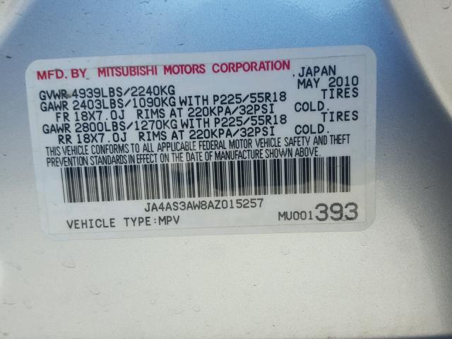 JA4AS3AW8AZ015257 - 2010 MITSUBISHI OUTLANDER SILVER photo 10