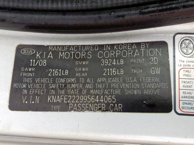 KNAFE222995644065 - 2009 KIA SPECTRA EX SILVER photo 10