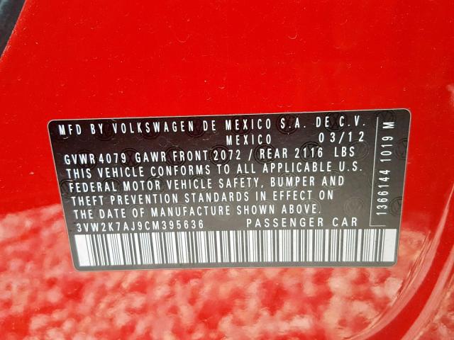 3VW2K7AJ9CM395636 - 2012 VOLKSWAGEN JETTA BASE RED photo 10