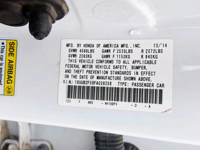 19UUB2F59FA009259 - 2015 ACURA TLX TECH WHITE photo 10