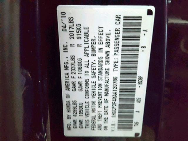 1HGCP2F4XAA120786 - 2010 HONDA ACCORD LXP BLUE photo 10