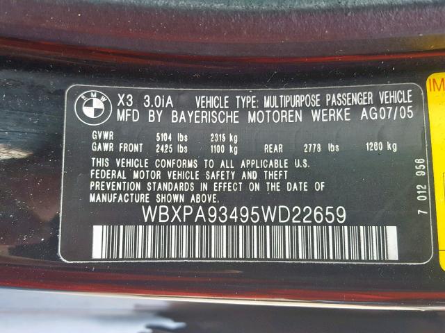 WBXPA93495WD22659 - 2005 BMW X3 3.0I BLACK photo 10