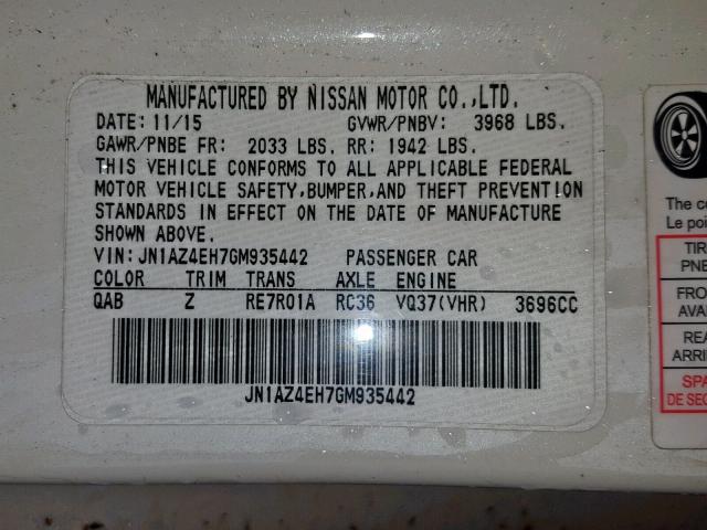 JN1AZ4EH7GM935442 - 2016 NISSAN 370Z BASE WHITE photo 10