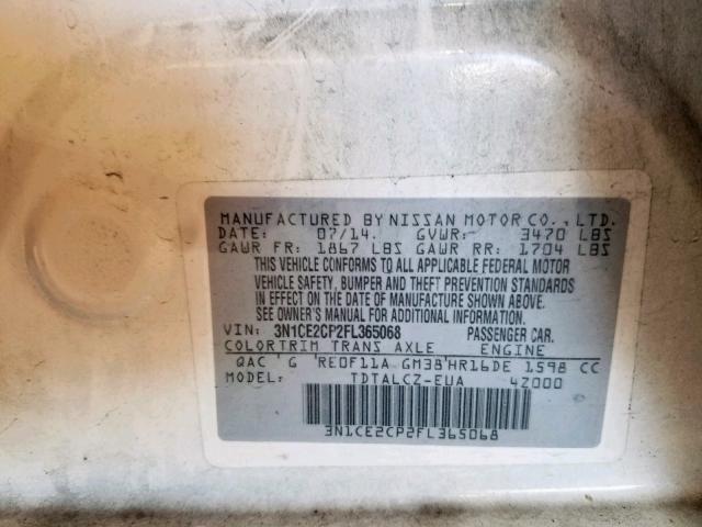 3N1CE2CP2FL365068 - 2015 NISSAN VERSA NOTE WHITE photo 10