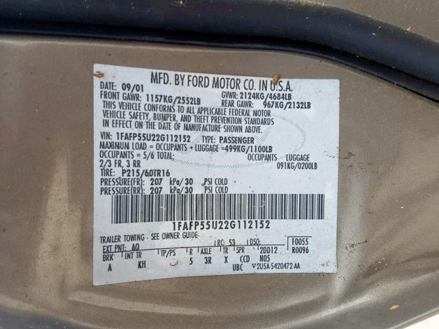 1FAFP55U22G112152 - 2002 FORD TAURUS SES GOLD photo 10