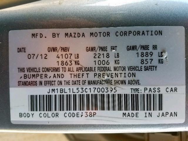 JM1BL1L53C1700395 - 2012 MAZDA 3 S SILVER photo 10