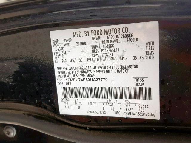 1FMEU74E59UA37779 - 2009 FORD EXPLORER E BLACK photo 10