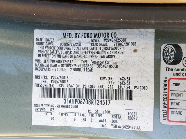 3FAHP06Z08R124517 - 2008 FORD FUSION S GREEN photo 10