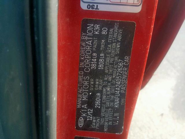 KNAFU4A24D5726567 - 2013 KIA FORTE EX RED photo 10