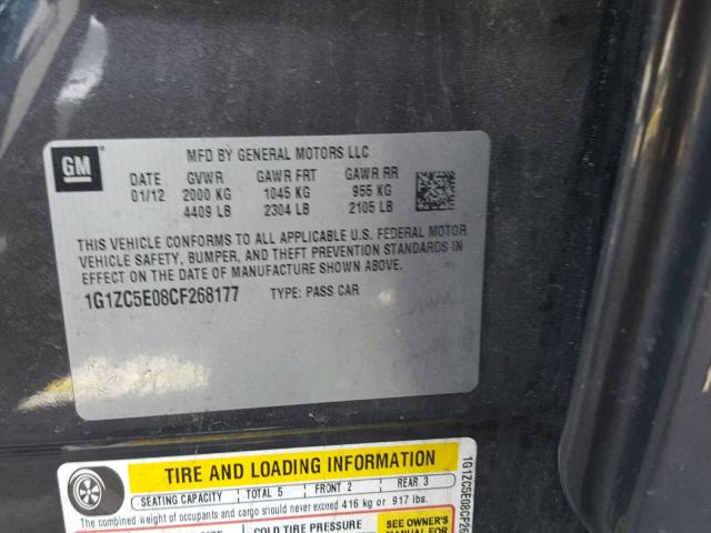 1G1ZC5E08CF268177 - 2012 CHEVROLET MALIBU 1LT 石墨色 照片 10