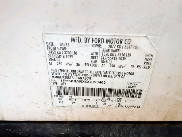 1FM5K8ARXGGC93463 - 2016 FORD EXPLORER P WHITE photo 10