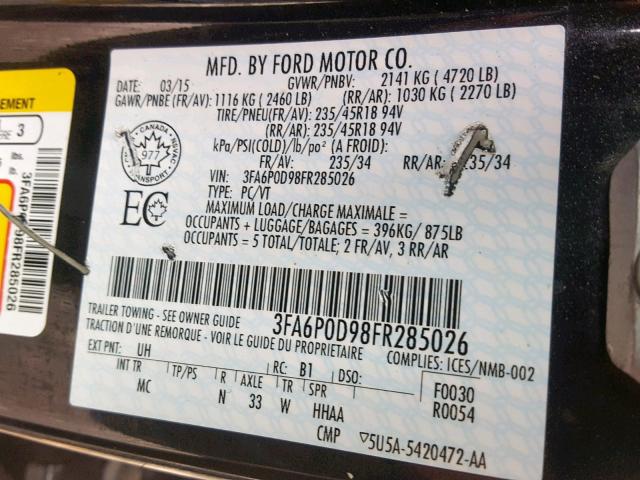 3FA6P0D98FR285026 - 2015 FORD FUSION TIT BLACK photo 10