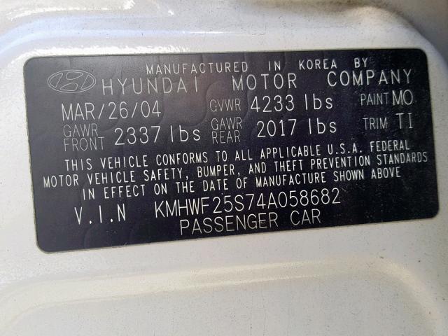 KMHWF25S74A058682 - 2004 HYUNDAI SONATA GL WHITE photo 10