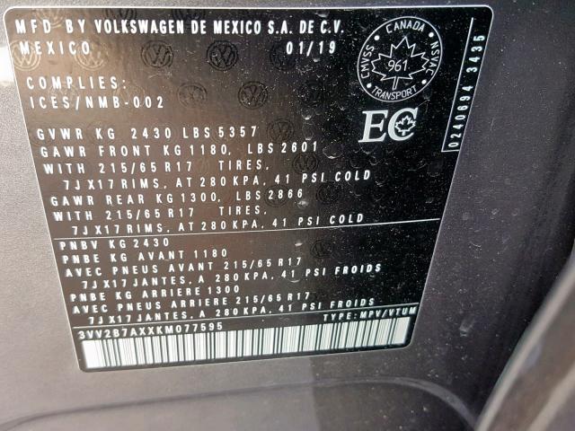 3VV2B7AXXKM077595 - 2019 VOLKSWAGEN TIGUAN SE GRAY photo 10