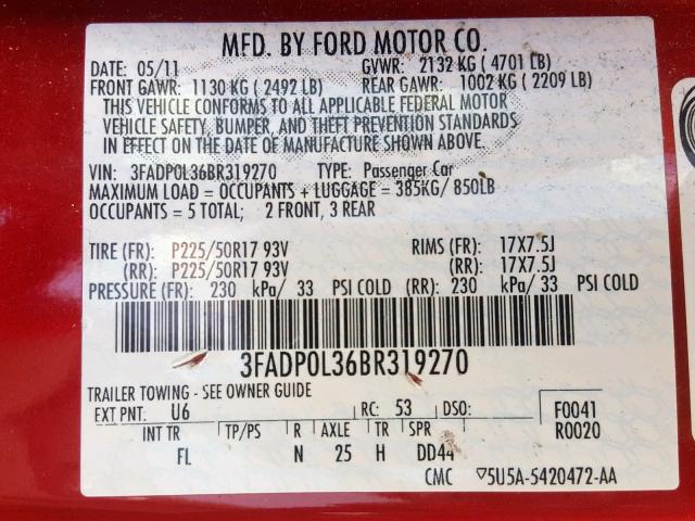 3FADP0L36BR319270 - 2011 FORD FUSION HYB MAROON photo 10