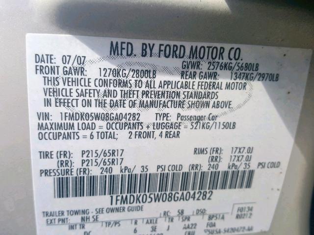 1FMDK05W08GA04282 - 2008 FORD TAURUS X S SILVER photo 10