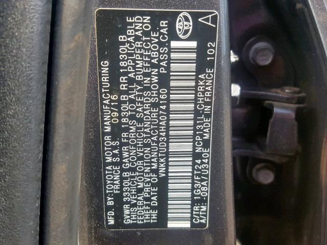 VNKKTUD34HA074160 - 2017 TOYOTA YARIS L GRAY photo 10