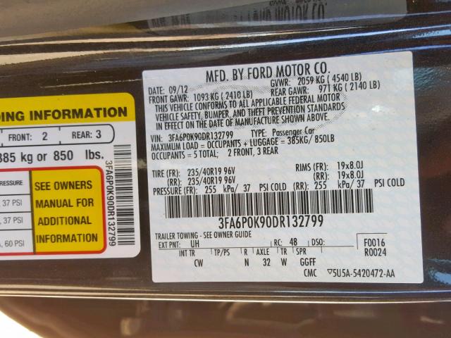 3FA6P0K90DR132799 - 2013 FORD FUSION TIT BLACK photo 10