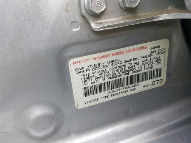 JA3AJ26E47U016994 - 2007 MITSUBISHI LANCER ES SILVER photo 10