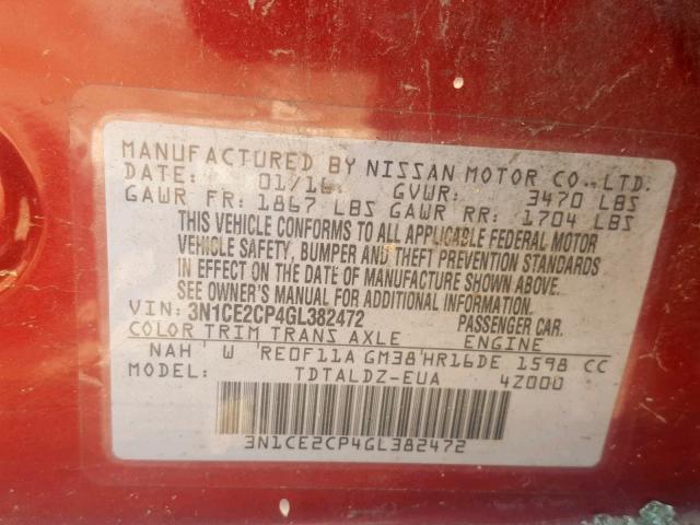 3N1CE2CP4GL382472 - 2016 NISSAN VERSA NOTE RED photo 10