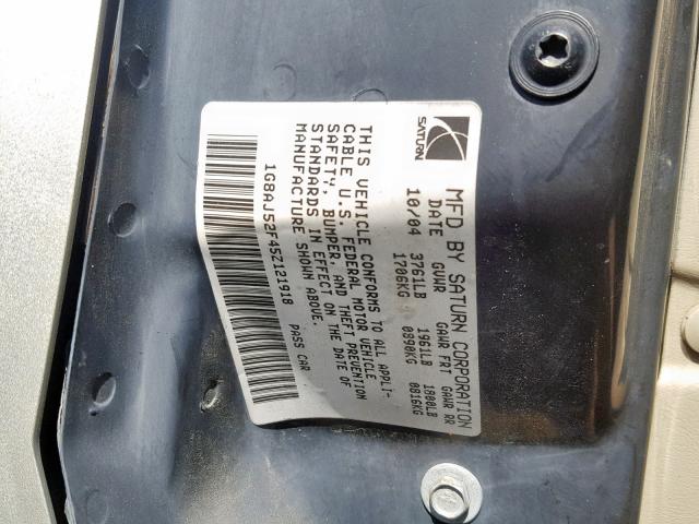1G8AJ52F45Z121918 - 2005 SATURN ION LEVEL GOLD photo 10