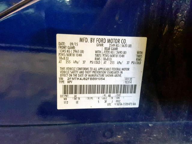 2FMTK4J82FBB91054 - 2015 FORD EDGE SEL BLUE photo 10