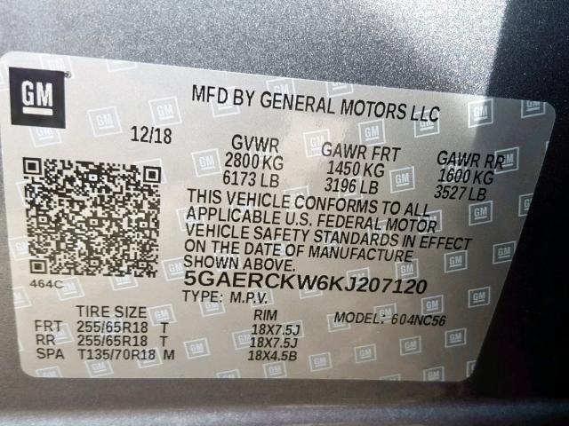 5GAERCKW6KJ207120 - 2019 BUICK ENCLAVE PR GRAY photo 10