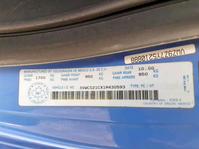 3VWCS21CX1M430593 - 2001 VOLKSWAGEN NEW BEETLE Mavi foto 10