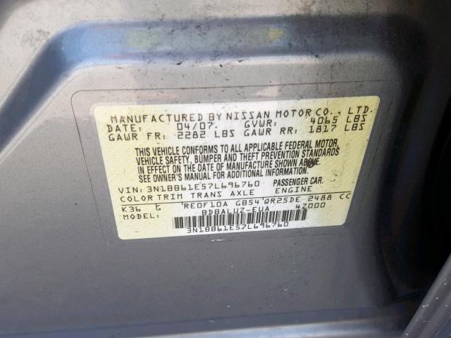 3N1BB61E57L696760 - 2007 NISSAN SENTRA SE- SILVER photo 10