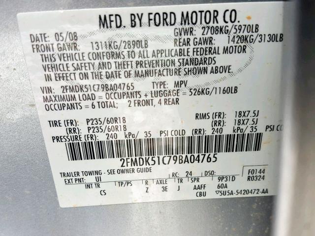 2FMDK51C79BA04765 - 2009 FORD FLEX SE SILVER photo 10