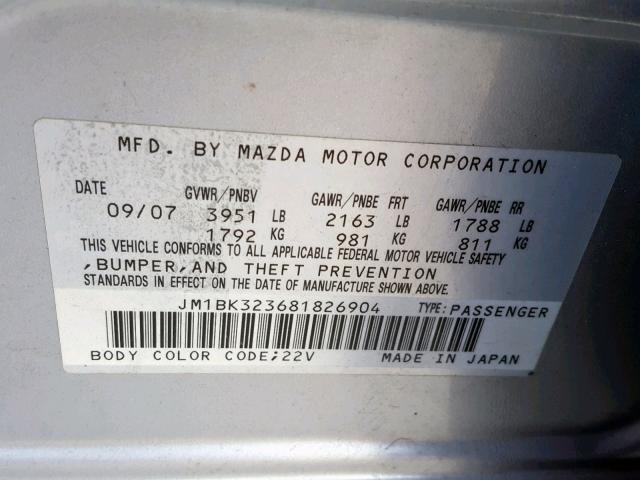 JM1BK323681826904 - 2008 MAZDA 3 S SILVER photo 10