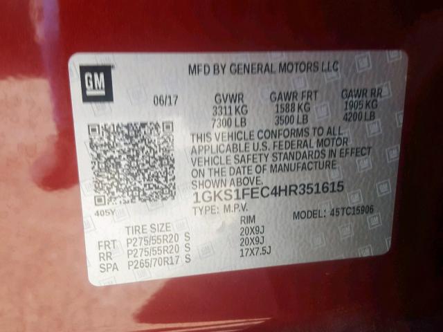 1GKS1FEC4HR351615 - 2017 GMC YUKON XL C RED photo 10