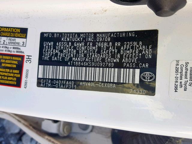 4T1BB46K59U092789 - 2009 TOYOTA CAMRY HYBR WHITE photo 10