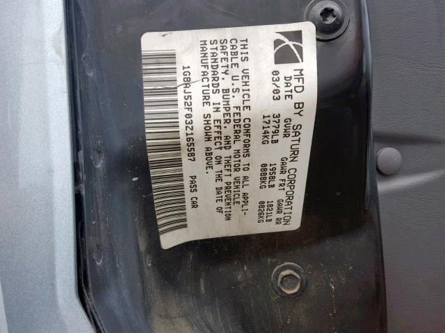 1G8AJ52F03Z165587 - 2003 SATURN ION LEVEL BLUE photo 10