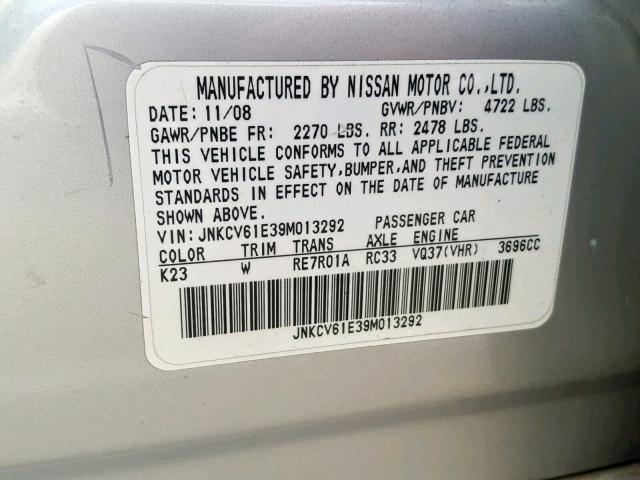 JNKCV61E39M013292 - 2009 INFINITI G37 BASE WHITE photo 10