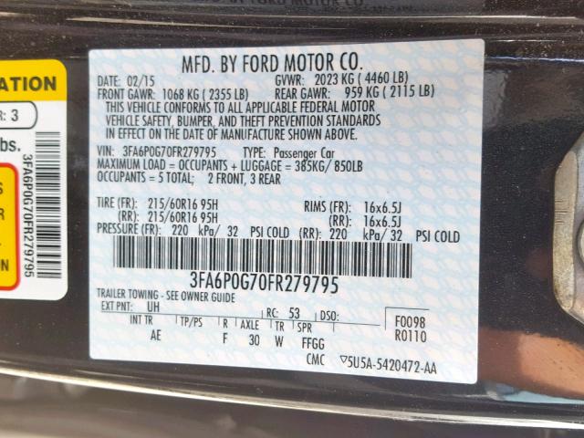 3FA6P0G70FR279795 - 2015 FORD FUSION S BLACK photo 10