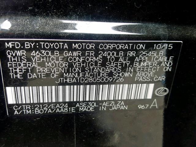 JTHBA1D28G5009726 - 2016 LEXUS IS 200T BLACK photo 10