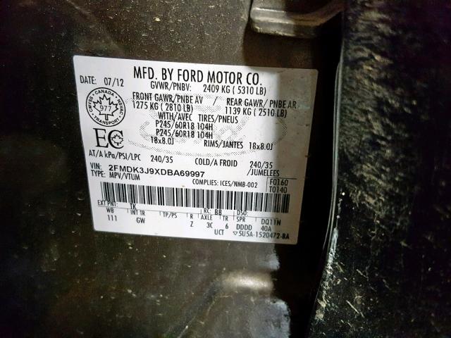 2FMDK3J9XDBA69997 - 2013 FORD EDGE SEL TAN photo 10