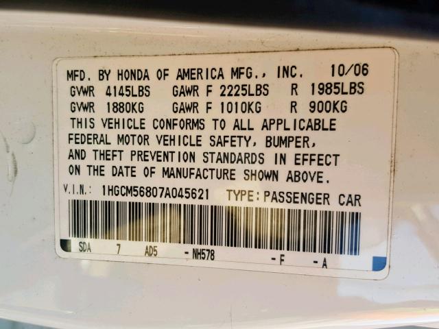 1HGCM56807A045621 - 2004 HONDA ACCORD WHITE photo 10