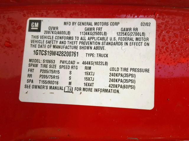 1GTCS19W428200761 - 2002 GMC SONOMA RED photo 10