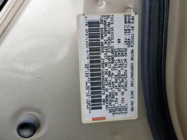 JT6HF10U4X0028279 - 1999 LEXUS RX 300 GOLD photo 10