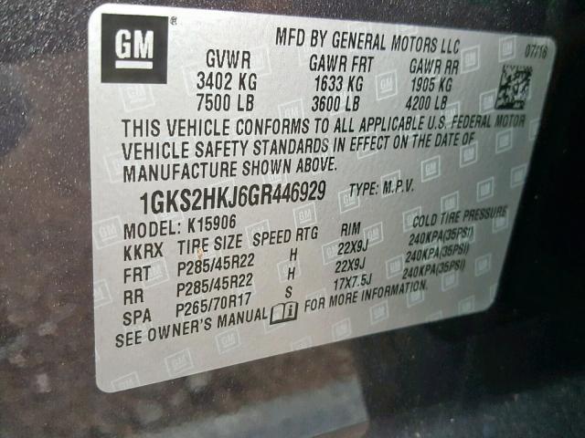 1GKS2HKJ6GR446929 - 2016 GMC YUKON XL D GRAY photo 10