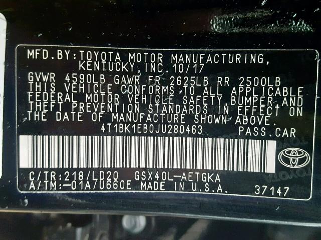 4T1BK1EB0JU280463 - 2018 TOYOTA AVALON XLE BLACK photo 10