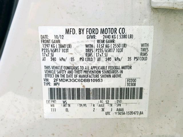 2FMDK3GC6DBB10953 - 2013 FORD EDGE SE WHITE photo 10