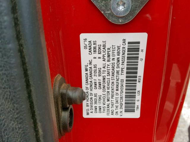 2HGFC3B77GH354103 - 2016 HONDA CIVIC EXL RED photo 10