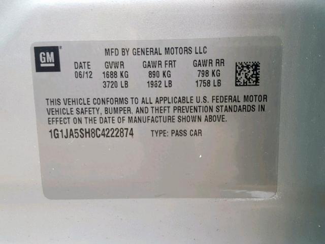 1G1JA5SH8C4222874 - 2012 CHEVROLET SONIC LS SILVER photo 10